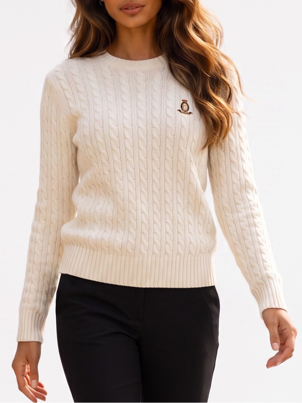 Lauren Ralph Lauren White Cable Knit Crest Sweater L